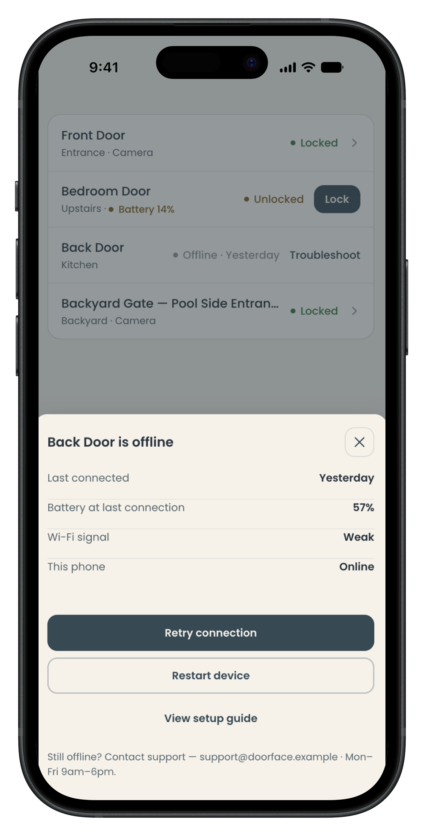 Door Face app — Troubleshooting / offline recovery, Phase 2
