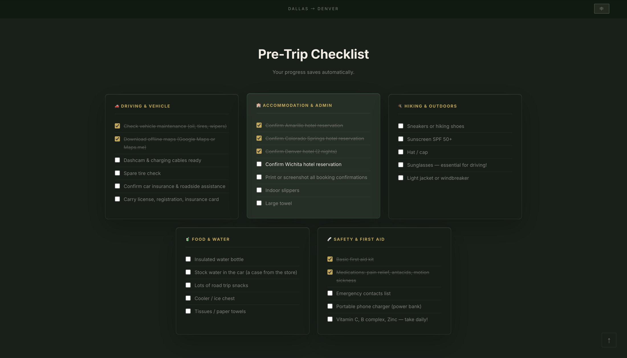 Dallas to Denver — Pre-Trip Checklist page