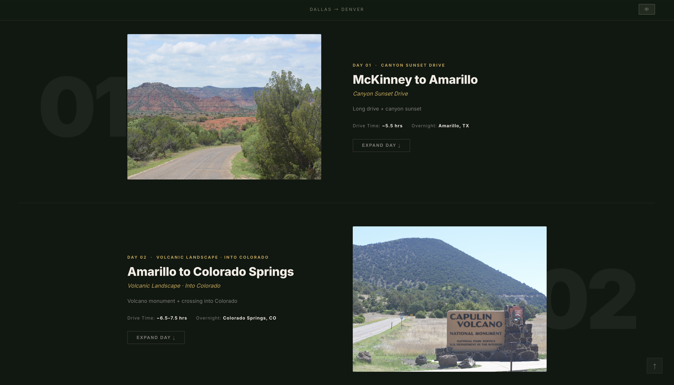 Dallas to Denver — day log pages, McKinney to Amarillo and Amarillo to Colorado Springs